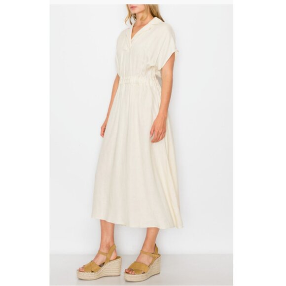 Melloday Notch Collar Short Sleeve Midi Cream Dress M - NEW - Picture 3 of 14